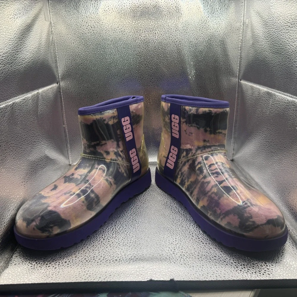 Size 9 UGG Classic Clear Mini‎ Violet Night Marble Womens Pull On Rain Boots